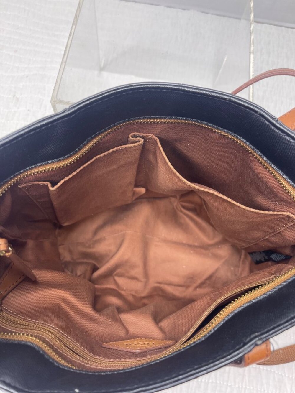 Fossil 1954 Black Brown Leather-Trimmed Classic Tote Bag Crossbody Strap - Picture 12 of 16
